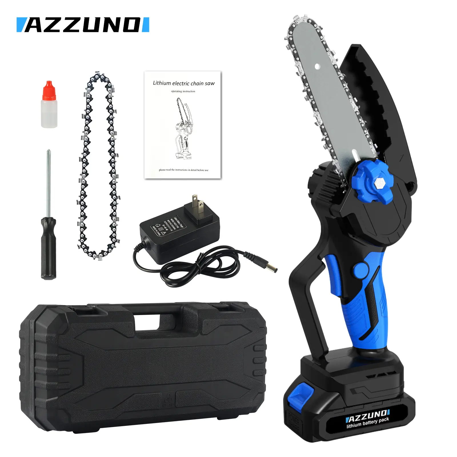AZZUNO 6-inch wireless mini chainsaw, handheld electric chainsaw, pure copper motor, ultra-high efficiency, long standby time, suitable for tree pruning and wood cutting.