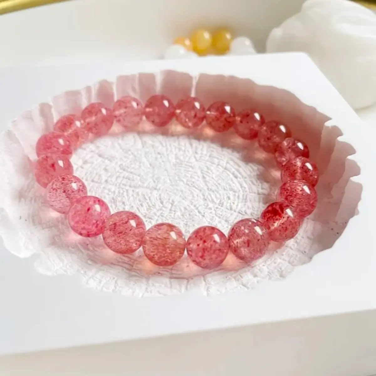 Healing Crystal Bracelet for Women, 8mm Beaded Strawberry Quartz Bangle, Handmade Everyday Stretch Jewelry for Youth & Pink Lovers, Beads, Seeded, Liz Creation Studio, 6.5-8 Inches, Teachers/Therapists, Cottagecore Enthusiasts, Daily, Dates, Female, Natur