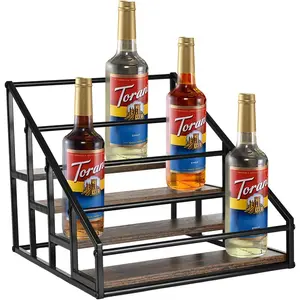 4-Tier 16 Bottles Coffee Syrup Organizer Rack, Liquor Spice Display Shelf, Small Wine Rack Holder for Coffee Bar Kitchen Bar Family Storage