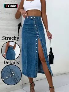 Women's High Waist Sexy Bodycon Midi Skirt, Button Fly Closure, Elastic Fabric, Plain Pattern, Perfect for Daily Wear & Dating