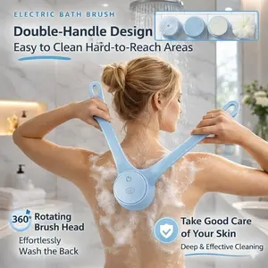 Rechargeable Electric Body Scrubber with 4 Detachable Heads – Waterproof 360 °   Rotating Shower Brush, Dual Grip Long Handle for Easy Back Cleaning & Full Body Deep Cleansing