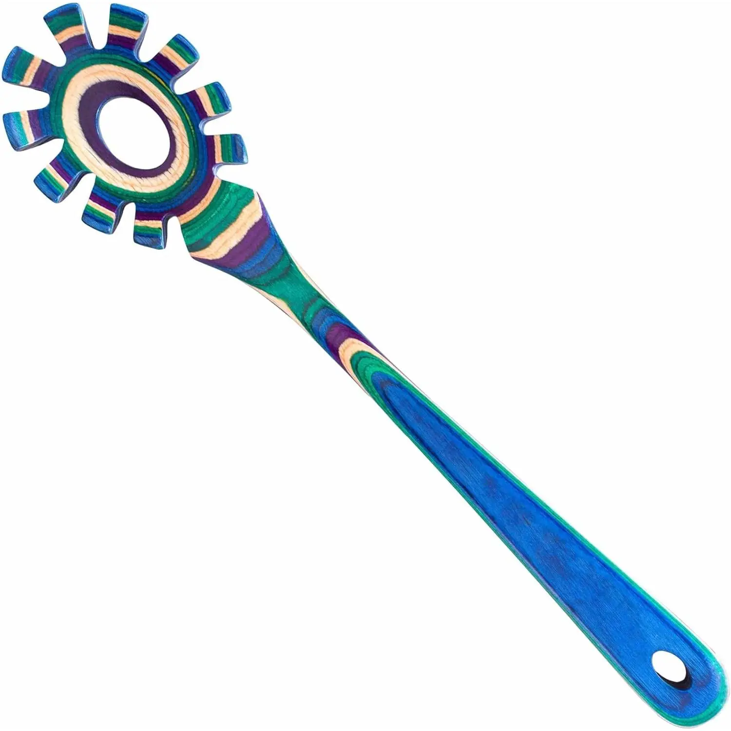 Mumbai Collection All Seasons Colorful Birch Wood Spaghetti Spoon - 12.5in Kitchen Cooking Utensil, Teethed Pasta Server for Portioning, Stirring, Serving Noodles