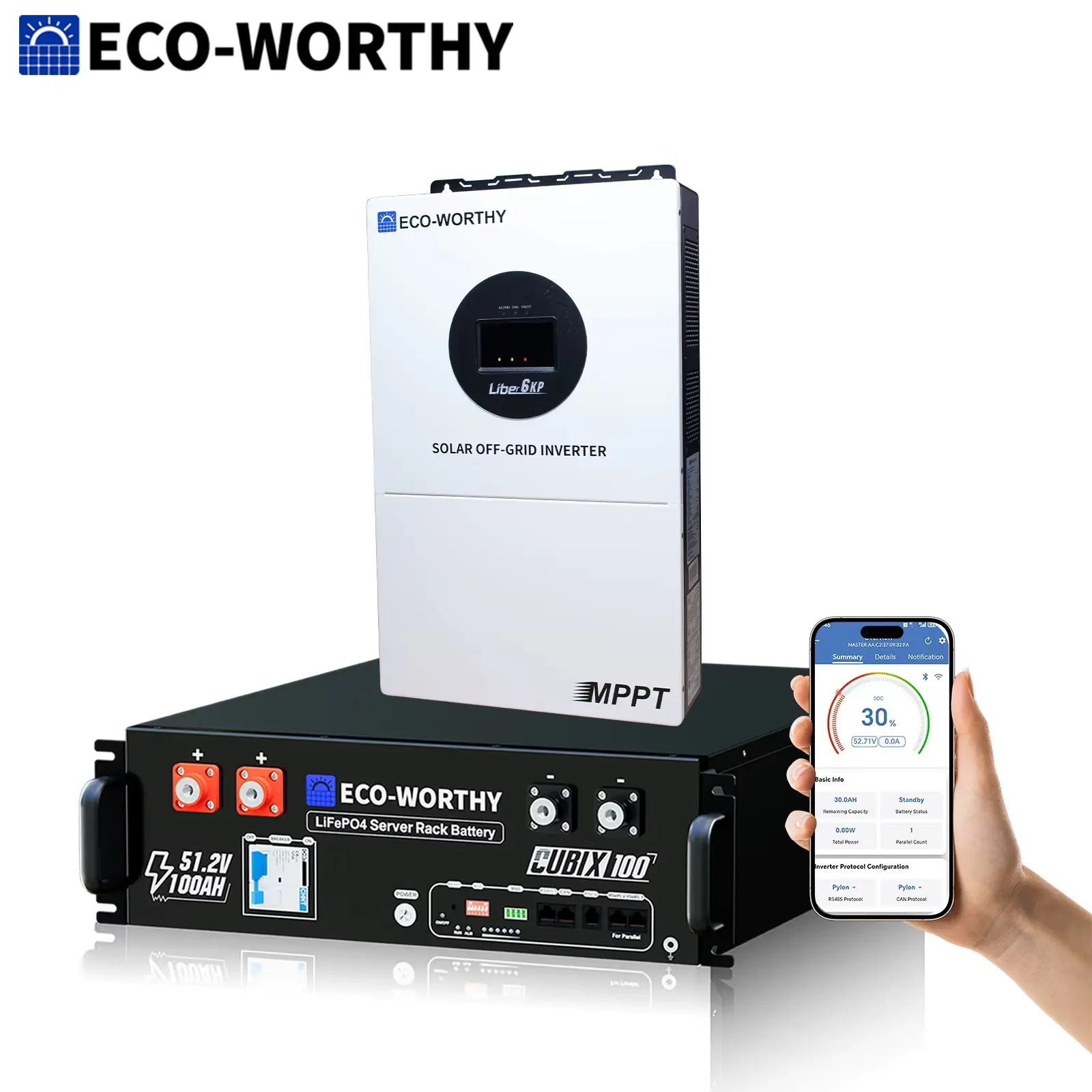 ECO-WORTHY 5.12kWh 48V 100Ah Lithium LiFePO4 Battery+6kW 48V Off-grid Inverter for Home Backup, Emergency Use