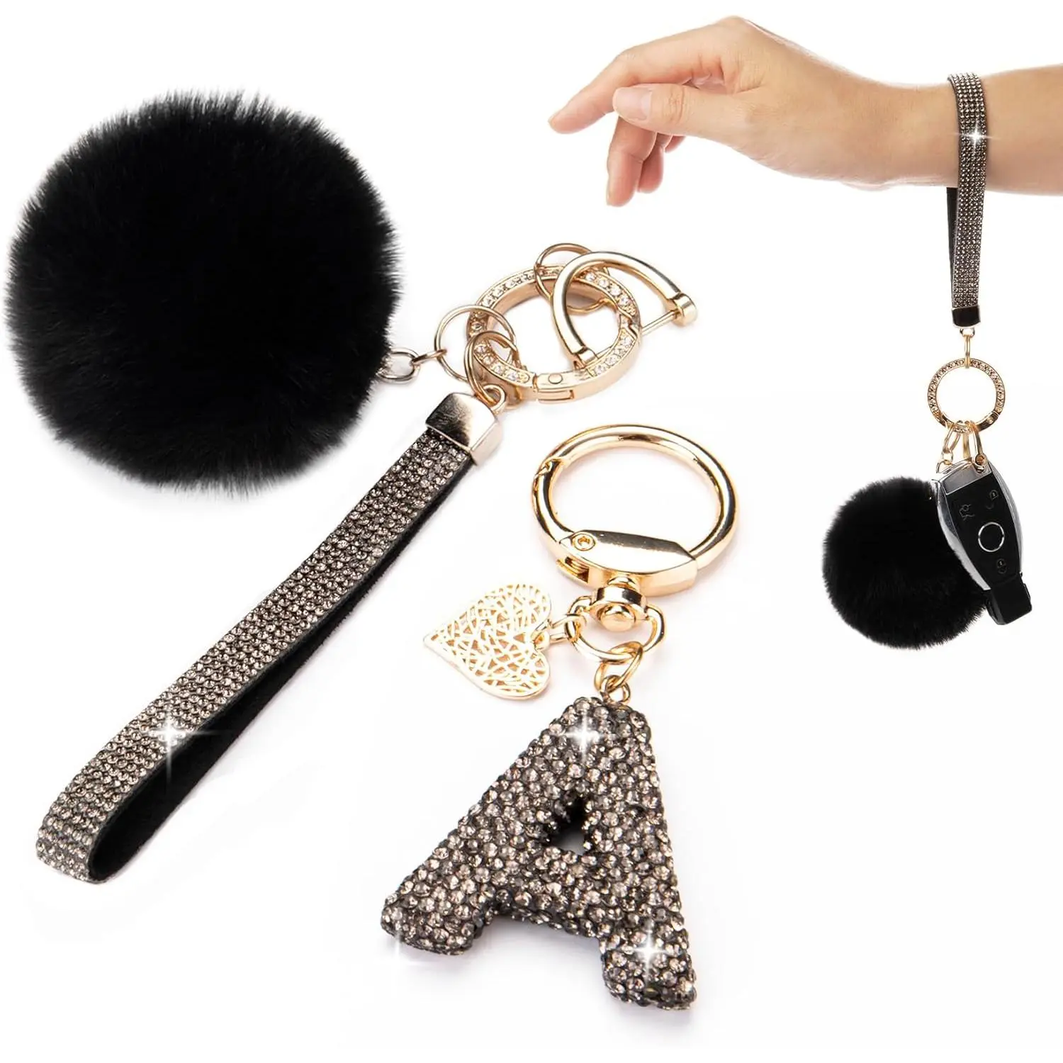 Women's Initial Letter Keychain - Bling Rhinestone Sparkly Pom Pom Wristlet, Bag Backpack Charm, Keychains for Women