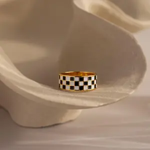 Female Minimalist Black & White Enamel Chessboard Wide Band Statement Ring, Retro Costume Jewelry, Unique Gift for Her