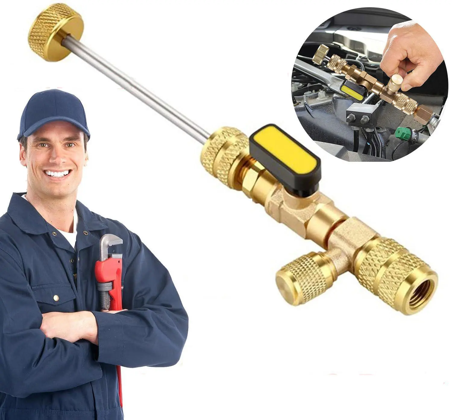 HVAC Schrader Valve Core Removal Tool, Heavy-Duty Copper Durable Mechanical Hardware, 1/4 SAE-5/16 SAE Dual-Size Port, 1/4-turn Shutoff, Spring Design, Solid and Sturdy for Pressurized Sys. Quick Use