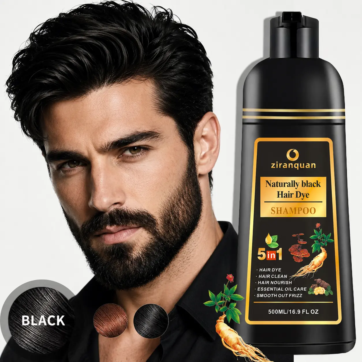 Men's Beard & Hair Dye Shampoo for Gray Coverage - 10-Minute Instant Natural Black Liquid Haircare, Curly & Fine Hair Dyeing - Ginger Root Extract, Ammonia-Free Herbal Kit (500ml/16.9 fl oz), Dyeing Hair