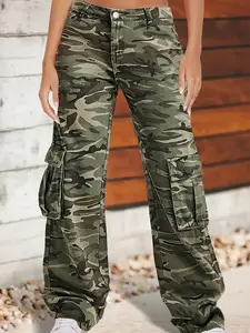 High Rise Cargo Pant Street Style Jean Womenswear Bottom Camo Denim Trouser with Pockets & Button Closure