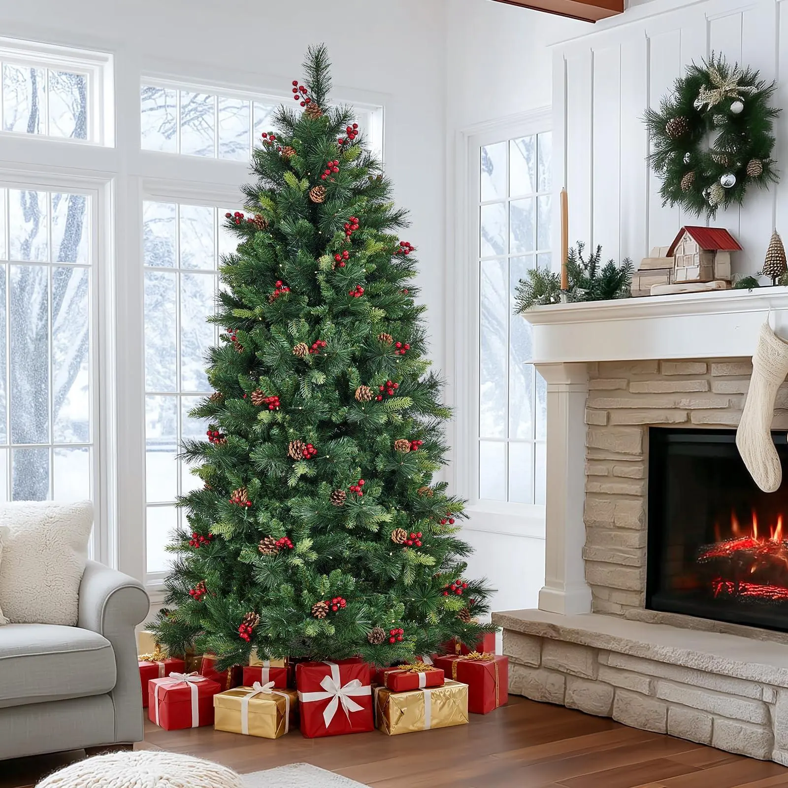 6 ft Pre-lit Artificial Christmas Tree - Fluffy Fraser Fir with Pine Cones & Berries on Hinged 900 Branch Tips bistro table waterproof carry bag drill slot lightweight wheelchair cast iron core deck porch backyard all-terrain wheel superior grip pe rattan