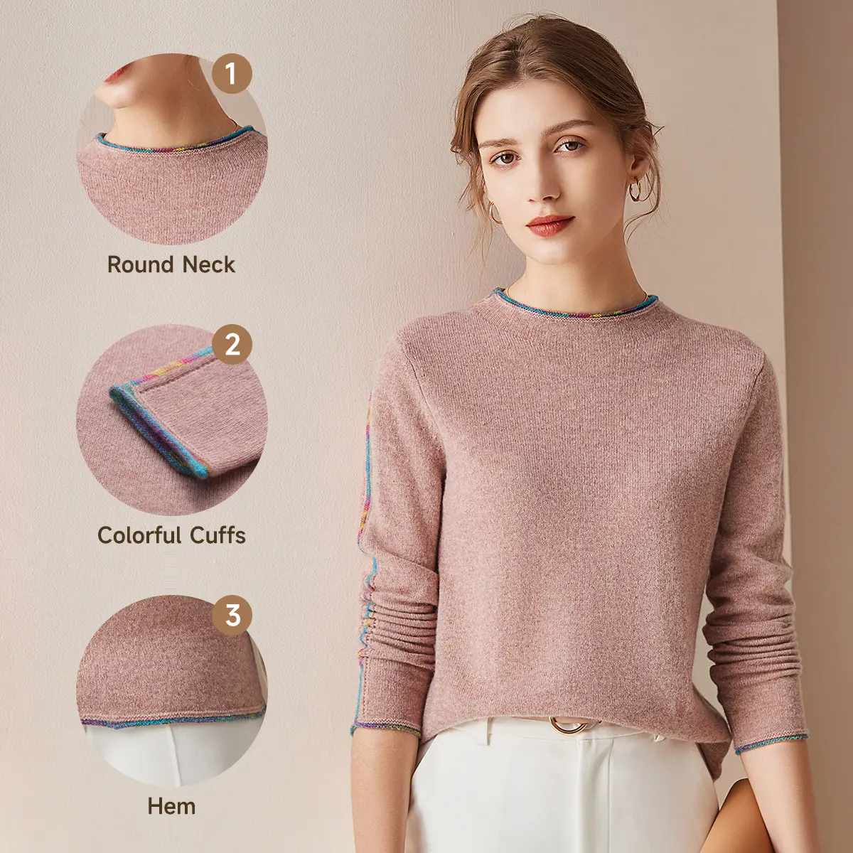 COMOBOCA Women's 100% Pure Cashmere Fitted Knit Pullover, Casual Lightweight Color Block Long-Sleeve Mock Neck Top, Medium Length, Body-Fitted, Cold Wash, Flat Dry, Dry Clean