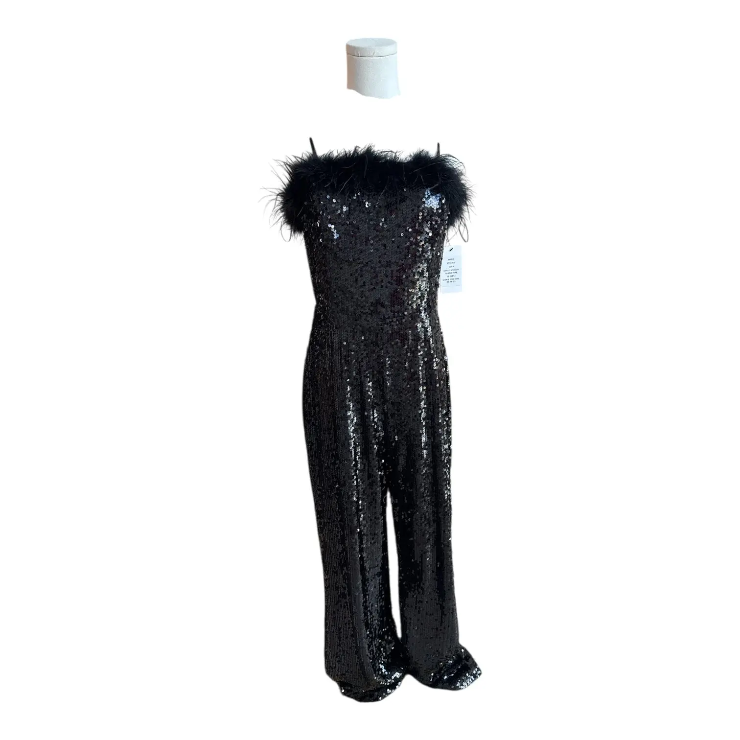 VC13 Black sequin jumpsuit with feather trim size medium