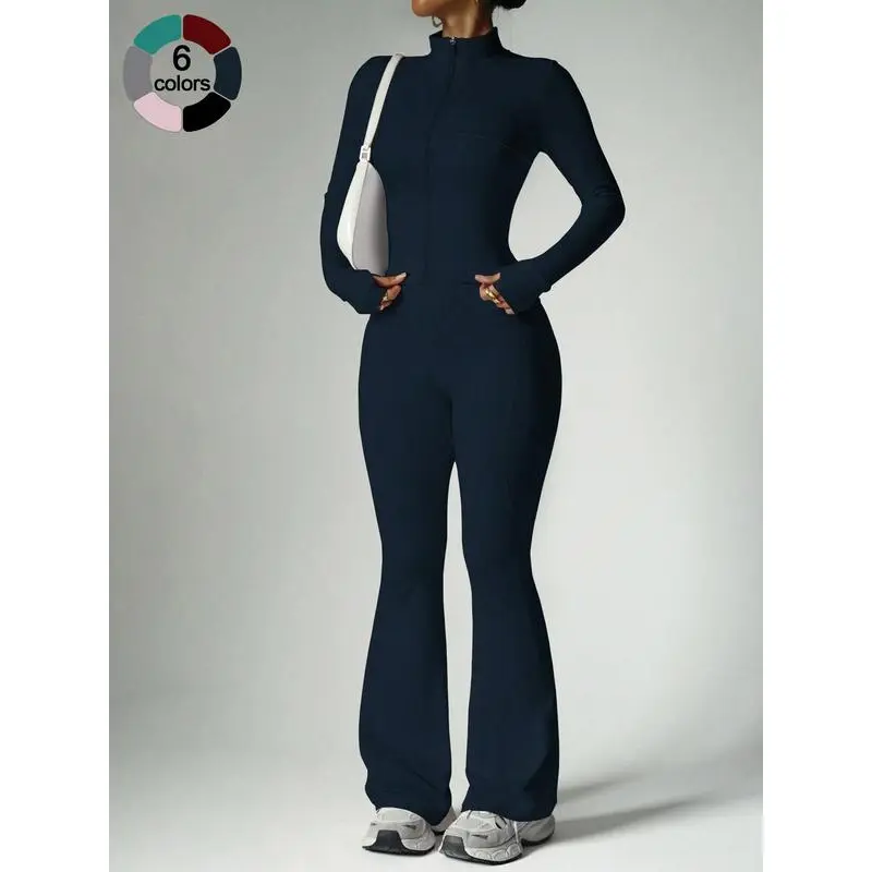 Women's 2-Piece Sportswear Set - Stand Collar Zipper Long Sleeve Top, High Waist Butt-Lifting Below Ankle Pants, Soft Breathable Fitted Cut Women's Clothing for Yoga Gym Run, 2 Piece Sets, Workout Sets Women