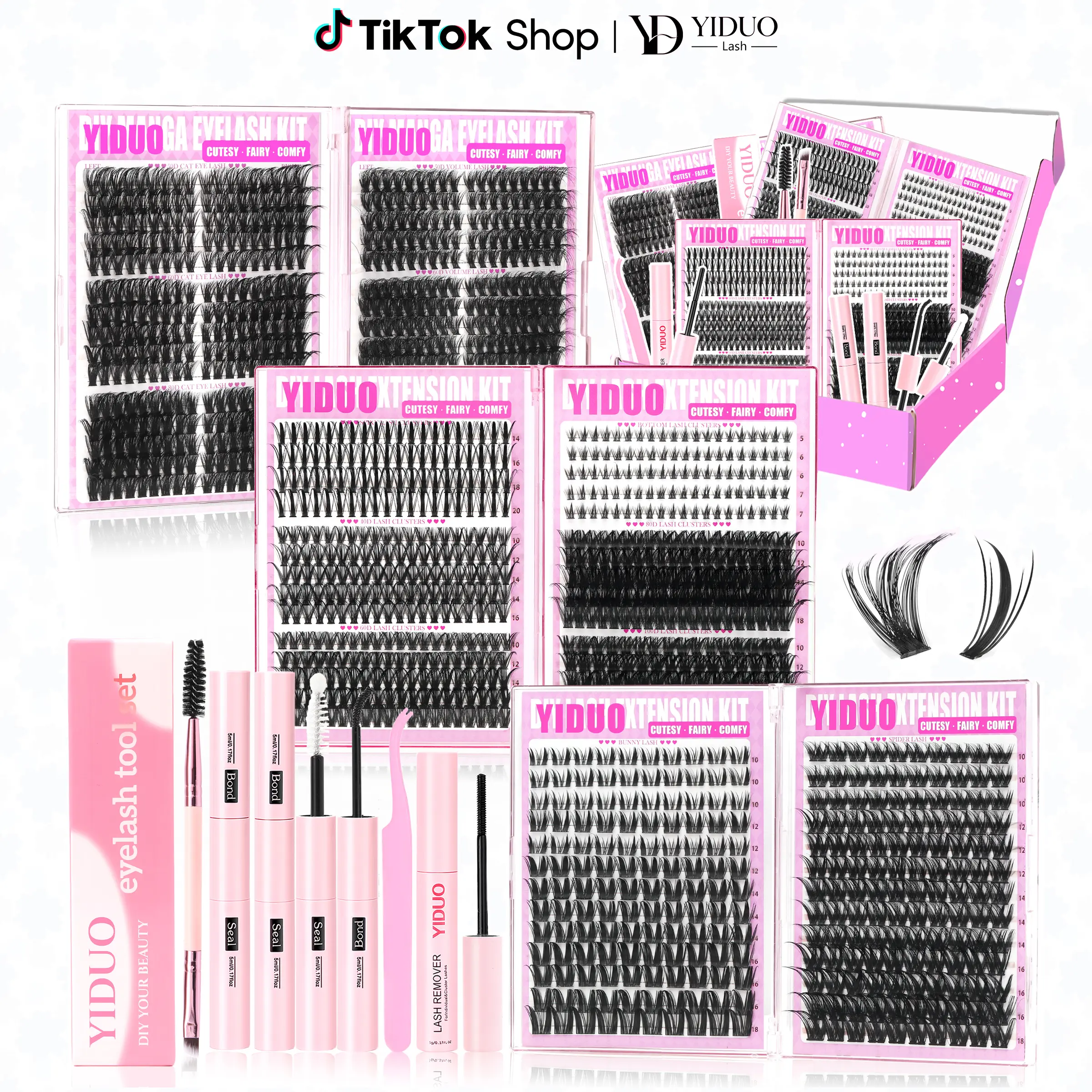 YIDUO Volume Mega Eyelashes Kit Set - 1110/1479/1686 Pcs Synthetic D Curl Bulk Packs, 2X Bond & Seal, Soft Comfy Wear, Nature DIY, Beginner-Friendly At-Home Cosmetic Gift Pack (Deals for You Days)