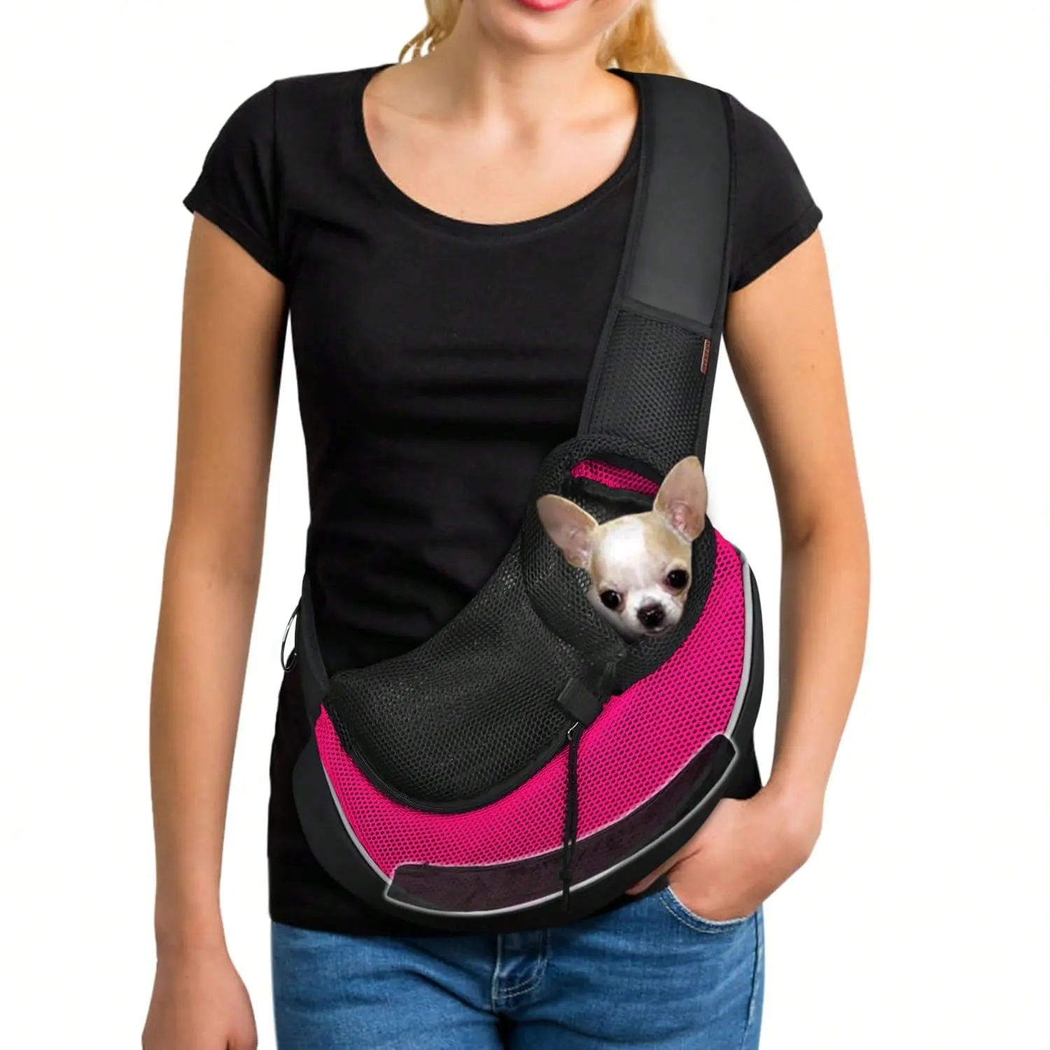 1pc Pet Sling Carrier For Small Dogs & Cats, Hands-Free Breathable Mesh Puppy Travel Shoulder Bag With Inner Hook, Large Zipper Pocket, Adjustable Padded Strap & Reflective Strip, Crossbody Pet Purse For Walking, Shopping, Hiking, Pink