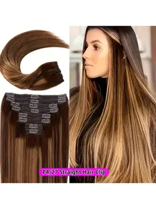 Highlight Ombre Honey Blonde 4/27# Clip in Hair Extensions Real Human Hair Human Hair Extensions Clip ins for Women, Natural Look Human Hair 14-28inch 100g 8Pcs