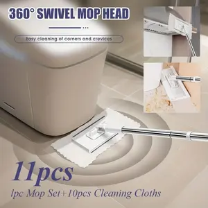 11-Piece Automatic Mop System Set, Includes 1 Hand-Free Auto Mop + 10 Cleaning Cloths, One-Click Cloth Change Design, Cleaning Floor Mop, Floor Cleaning Tool
