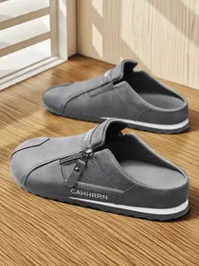 Men's Mule Shoes Summer New Fashion Minimalist Plain PU Leather Comfortable Breathable Slip-On Sandals, Side Zip Design, Soft Insole, Slip On Clog