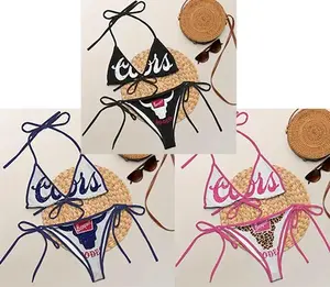 Sexy Tie Side Bikini Set Women Triangle Swimsuit Beer Inspired Graphic Print Summer Beachwear Adjustable String Bathing Suit Pool Party Vacation Outfit Trendy Y2K Hot Girl Swimwear