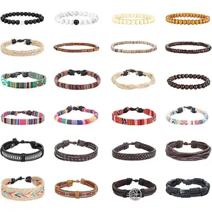 FINREZIO 24 Pcs Colorful Vintage Multi-Style Stackable Bracelet Set for Women Men Leather Wood Bead Woven String Wrap Bracelets with Tribal Pattern Hypoallergenic Layered Jewelry Set for Rave Festival Perfect Gift for Her Him