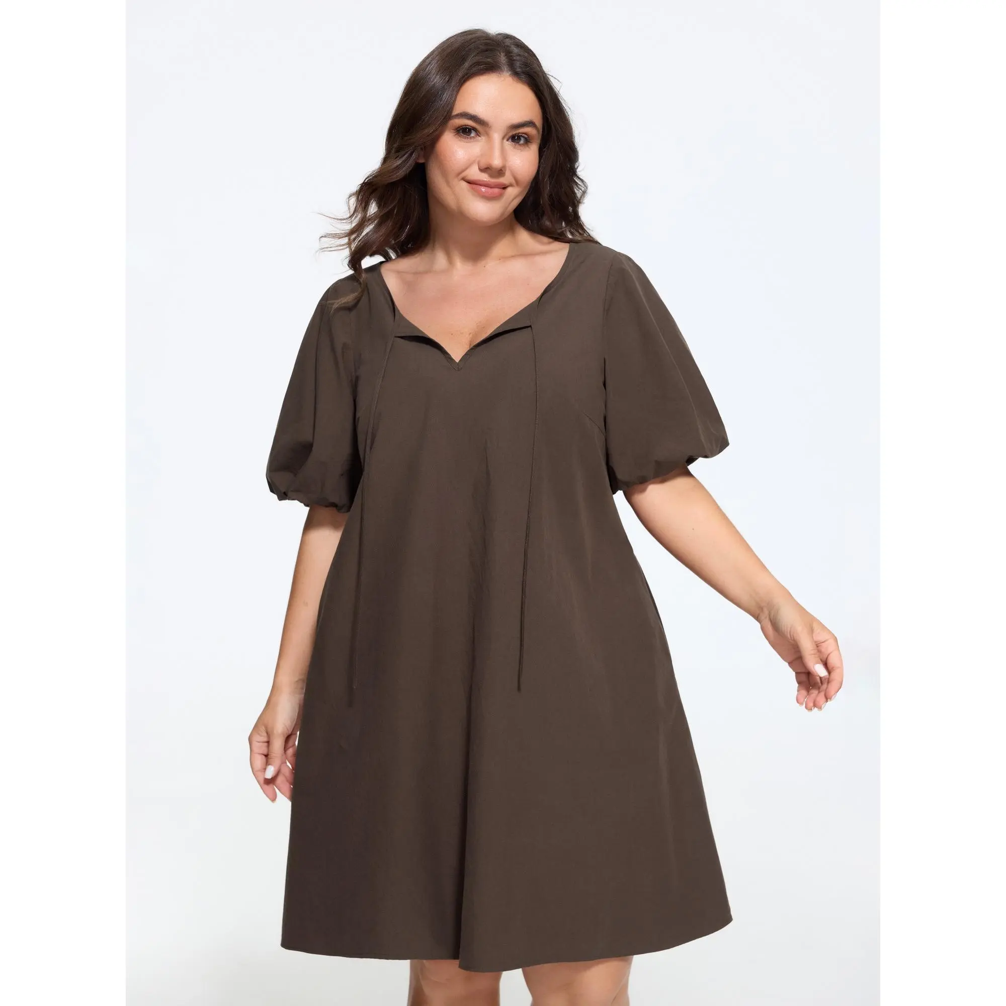 BLOOMCHIC Women's Plus Size Solid Puff Sleeve A-Line Mini Dress - Spandex Fabric Garment, Casual, M-6X, 2026 Summer Finds