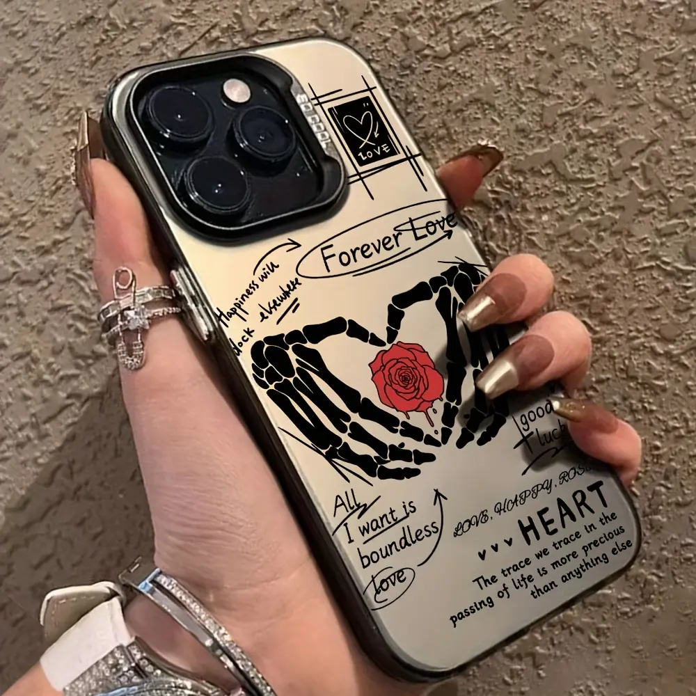 A Phone Case Featuring a Rose Skull Hand Bone Design, IMD Shockproof And Anti-Slip Protective Cover, Compatible with Iphone Models 16/11/13/15/15 Plus/15 Pro/15 Pro Max/12/14 Pro Max/Xs/Xr/11 Pro/11 Pro Max/12 Pro/12 Pro Max/13 Pro/13 Pro Max/14 Pro/14 Pl