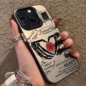 A Phone Case Featuring a Rose Skull Hand Bone Design, IMD Shockproof And Anti-Slip Protective Cover, Compatible with Iphone Models 16/11/13/15/15 Plus/15 Pro/15 Pro Max/12/14 Pro Max/Xs/Xr/11 Pro/11 Pro Max/12 Pro/12 Pro Max/13 Pro/13 Pro Max/14 Pro/14 Pl