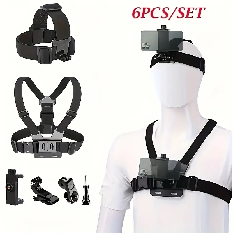 6-in-1 Chest Phone Mount Kit for Sports & Action Cameras, Adjustable Harness Strap for Phone/Osmo Action, Includes Camera Accessories & Device Mount, Hands-Free POV Shooting for Vlogging, Cycling, Hiking