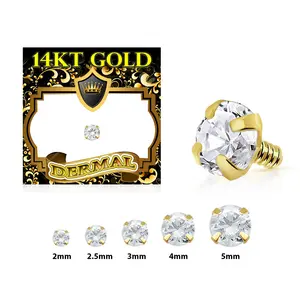 16G Solid Gold Internally Threaded Prong CZ Anchor Tops Dermal Piercings Jewelry - Sold Individually