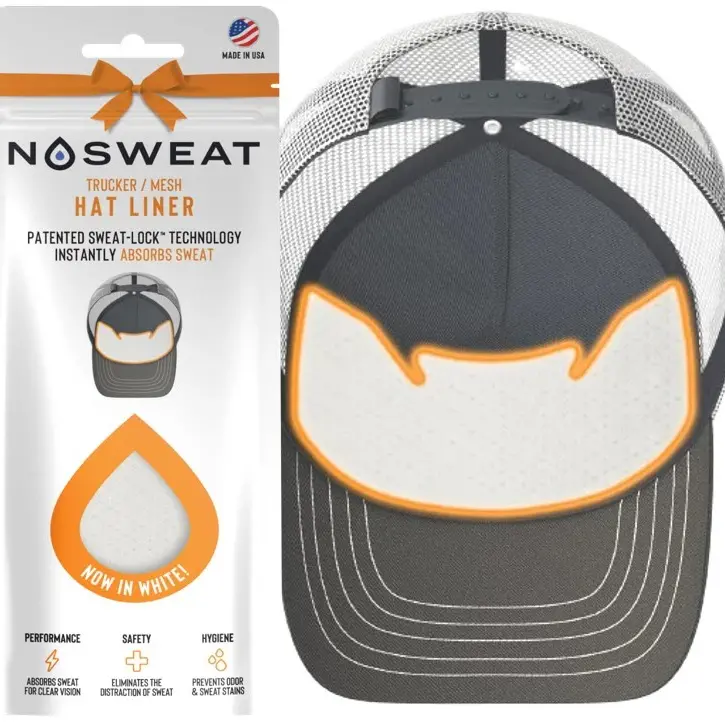 White Nosweat Trucker & Mesh Hat Liners in bow packaging - Hypoallergenic Sweat Absorbing Liners with SweatLock Technology - 3 Pack - Made in USA
