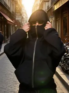 Hooded Face Mask Jacket, Fashion Aesthetic Hoodie with Full-Face Mask, Casual Fitted Zipper Sweatshirt, Simple Graphic Print Cardigan Coat, Barabara Claramon Top