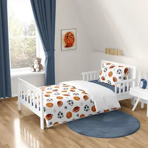 Sweet Jojo Designs Sports Theme Boy Toddler Bedding Set Kids Childrens 5p Bed in a Bag Comforter Blanket Pillowcase Sham Sheets Watercolor Vintage Soccer Balls Football Baseball Basketball Blue Stars
