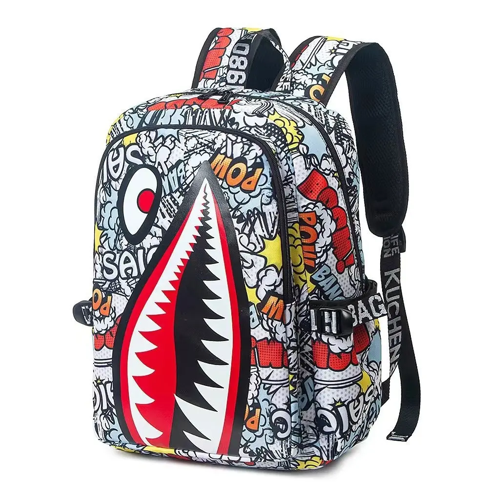 Graffiti Shark Mouth Backpack - Hip Hop Street Style, Lightweight Waterproof Oxford, Large-Capacity Laptop Rucksack for Boys