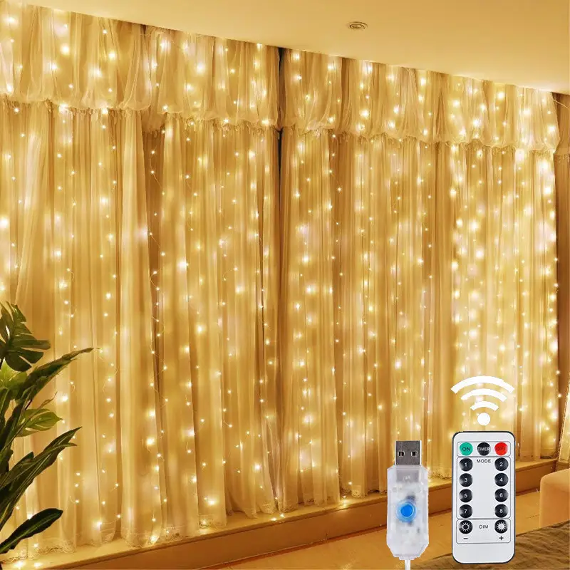 LED Fairy String Curtain Lights - 8 Modes, Remote Control, USB Power, LED Light Bulb - Festive Home Decor for Christmas, New Year