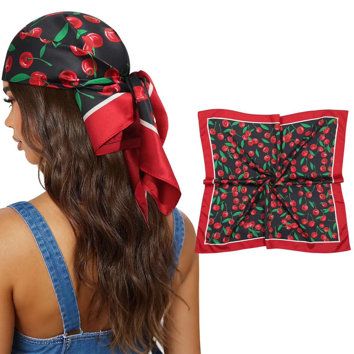 AWAYTR 27.5" Cherry Printing Head Scarf for Women Hair Scarf Reversible Silk-Like Bandanas for Sleeping Head Wrap Neck Cover