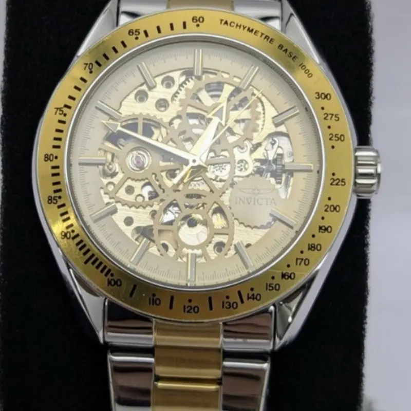 Invicta Gold-Tone Watch with Visible Gear Mechanism and Tachymeter Base 1000 Feature 43mm Luminous Analog