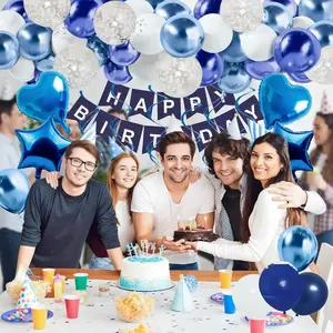 Happy Birthday Letter BalloonSet Blue Silver Rose Gold Party Decoration with Foil Curtain Heart Shaped Metallic Latex Confetti Balloons for Boyfriend's Gift Summer Home Decor Baby Shower balloon kit