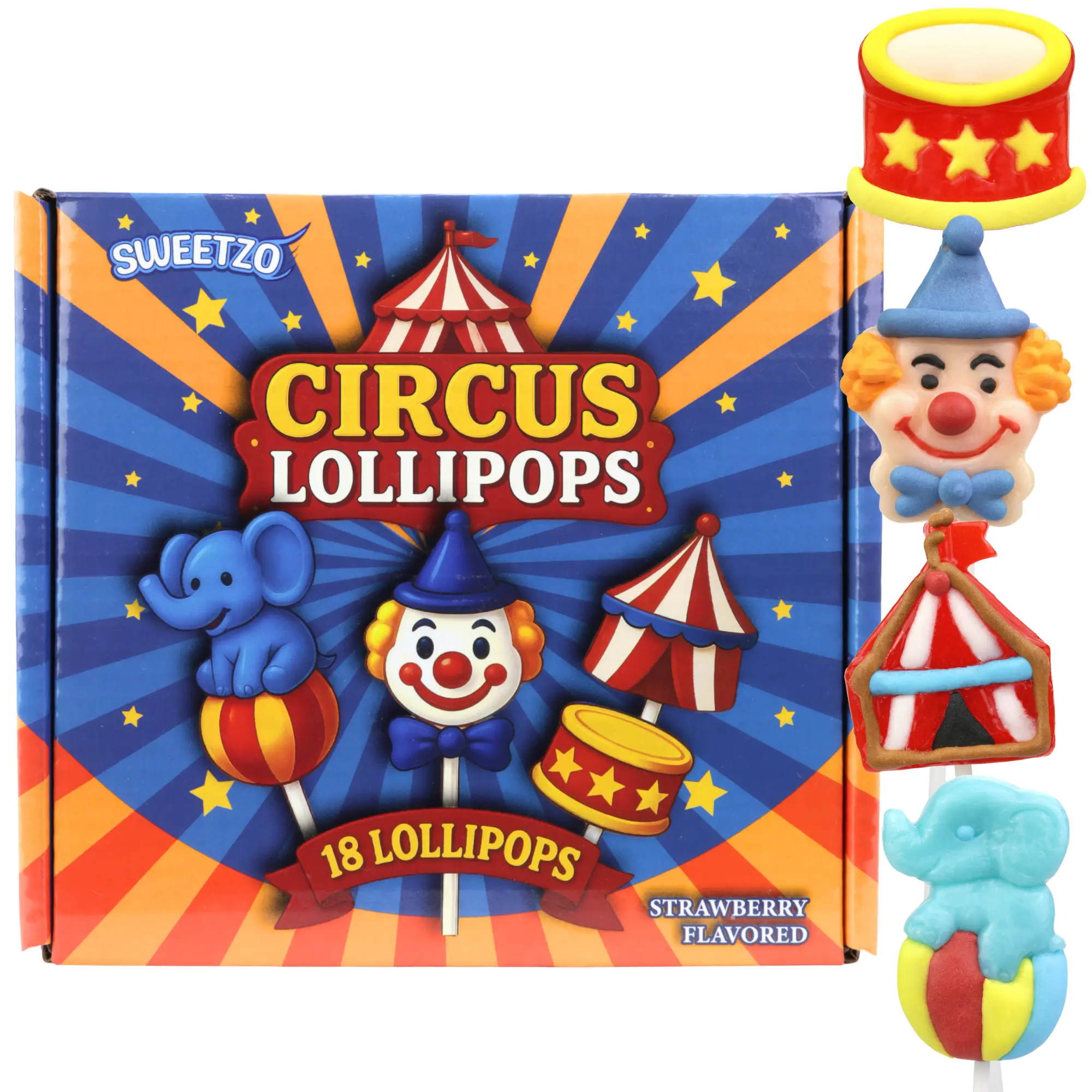 Circus Themed Lollipops, Clown, Elephant, Tent and Drum Suckers, Birthday Party Favor Candy, 18 Count
