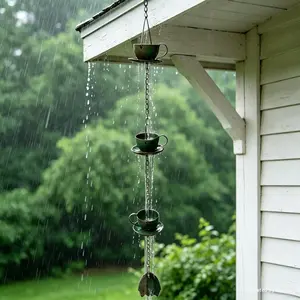 Creative Teacups Rain Chains Rainwater Decoration Set 37inch, Not Rust Wrought Iron Metal, 3 Cups, 1 Hook, Adjustable Length, Garden Decorative