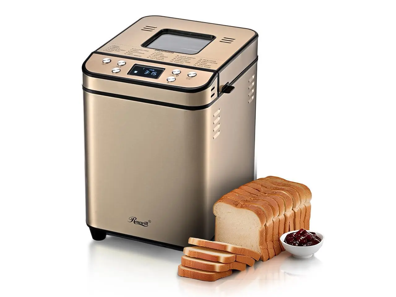Rosewill 25-in-1 Automatic Bread Maker Machine with 3 Loaf Size up to 2LB, 700W High Power Dual Heater Bread Maker with BPA-free Nonstick Coating Pan, Max 15 Hours Delay Timer, Low Noise - Honey
