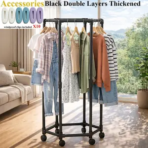 Space-saving hexagonal coat rack stand - sturdy metal floor-to-ceiling vertical standing coat rack with multiple rods for organizing bedrooms, dorms, and balconies that can hold multiple items of clothing, dorm room furniture hangers Modern