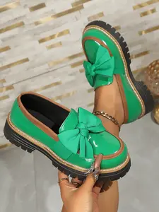 Women's Bow Decorated Faux Leather Round Toe Thick Sole Loafers, Sweet Fashion Style, Spring & Fall Trendy Shoes Footwear