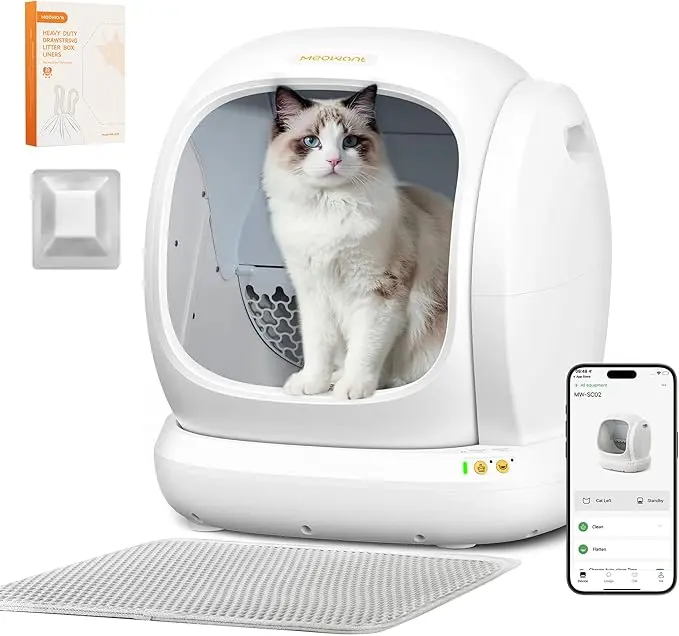 Meowant SC02 75L Large Automatic Litter Box - Self-Cleaning, App-Controlled, Open Design, Clay-Based, Pee Guard, Odor Removal, Anti-Pinch, Easy Installation, 6.8" Low Entry, 1-Click Emptying, 38db Quiet Motor for Multi-Cat Households (Pet Lover Essential)