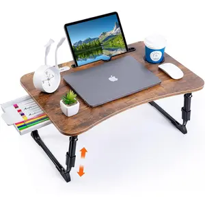 Laptop Desk for Bed, Height Adjustable Laptop Bed Table, Foldable Portable Lap Desk Stand with USB/Storage Drawer/Cup Holder/Slot, Breakfast Tray for Working Reading Writing Eating