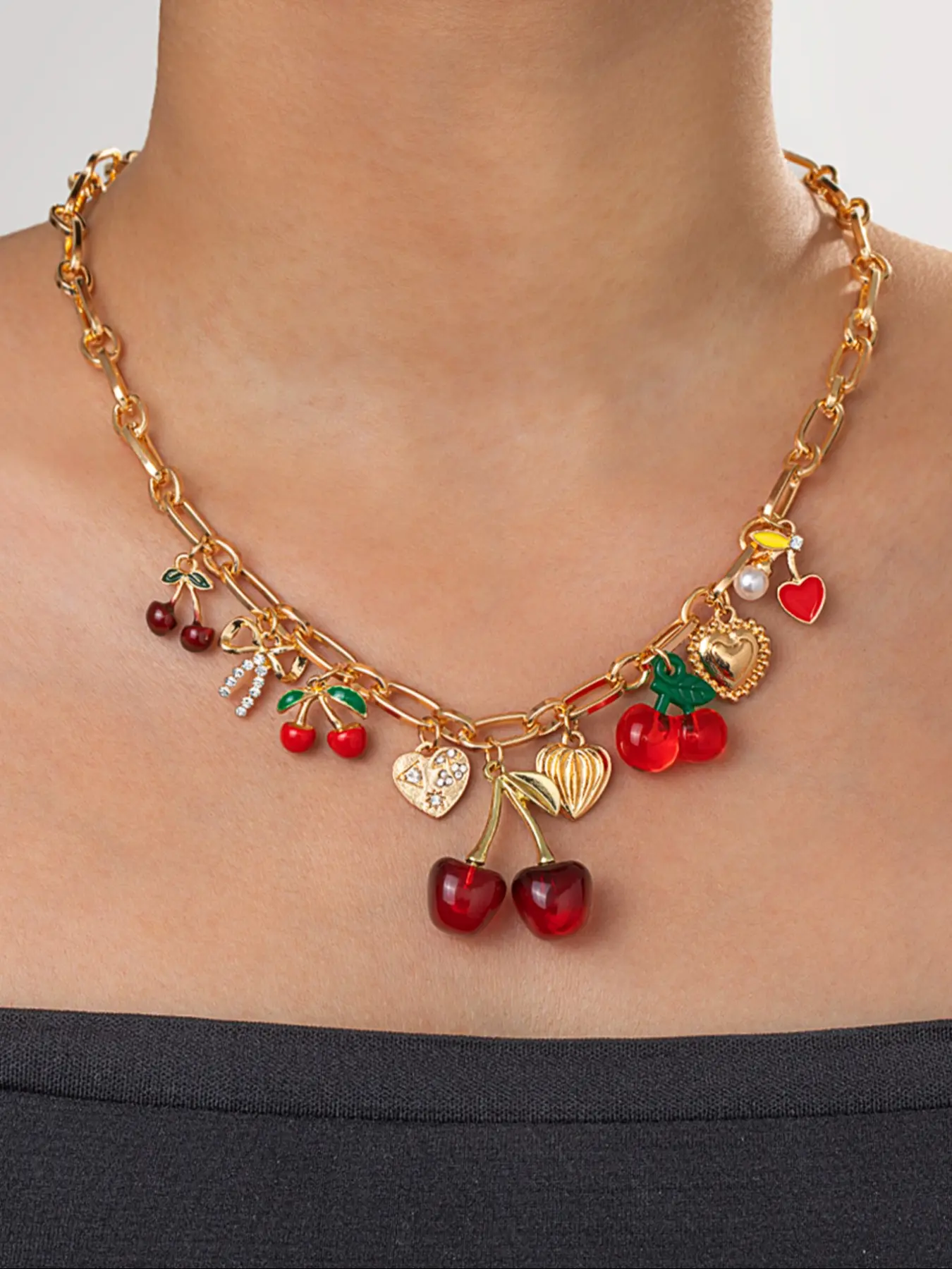 Christmas Fashion Necklace with Cherry Pendant, Cute Heart Bow Design, Perfect Gift for Women, Ideal for Holidays & Birthdays