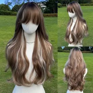 SMILCO/28Inch Highlight Brown With Platinum Long Curly With Bangs Synthetic Wig/SM538