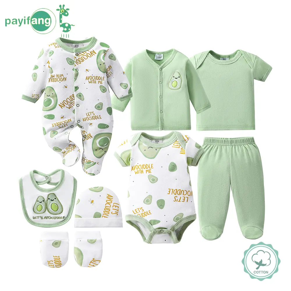 A set of 8 items for hospital newborn supplies, suitable for both male and female babies. It includes baby rompers, bibs, T-shirts, hats, gloves, coats and pants. The set is presented in a combined form.