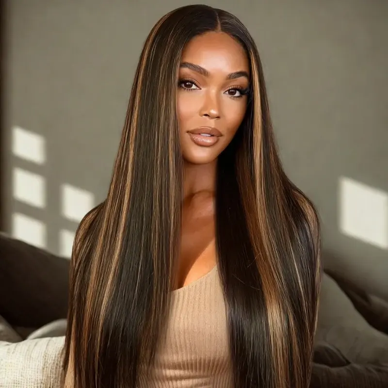 Sunber 13x4 Pre Everything Balayage Highlight Yaki Straight Lace Frontal Wig With Invisi Drawstring Glueless Human Hiar Wigs Put On and Go summerwins