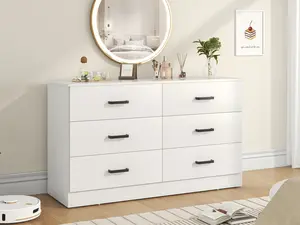 White 6 Drawer Dresser for Bedroom, 15.8" D x 47.2" W x 27.7" H in Simply Modern Chest of Drawers, Wood Storage Double Dresser with Deep Drawers for Living Room, Hallway Entryway, White