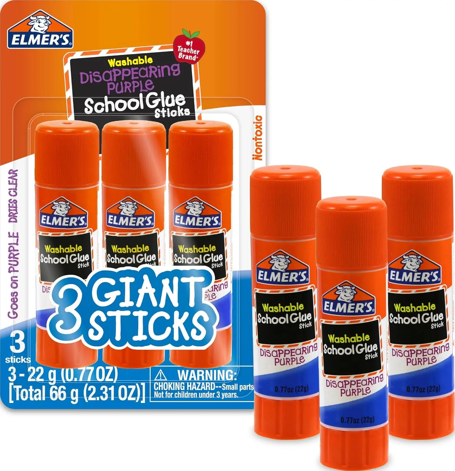 Elmer's Disappearing Purple School Glue Sticks, Washable, 22 Grams, 3 Count - Poster, Vision Board, Back to School Supplies, #1 Teacher Brand