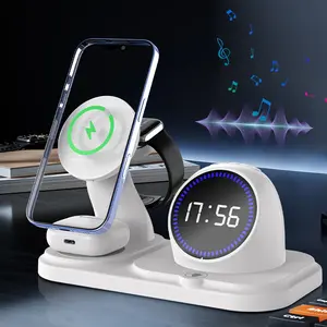 Three-In-One Wireless Charger for iOS System Watches & Earphones, LED Time Display, Desktop Phone Stand, Fast Charging, Round Shape